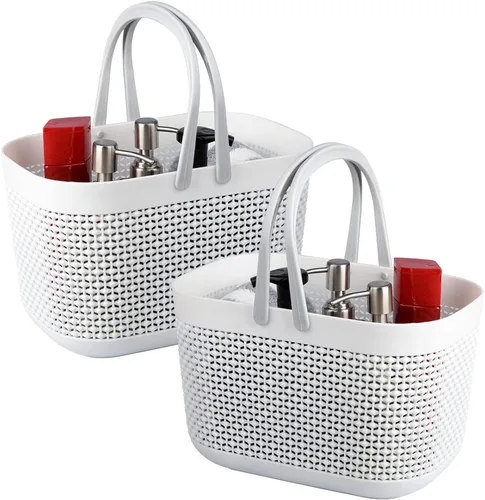 Miniatura 4 de UUJOLY Cestas de almacenamiento de plástico con asas, organizador de cubos de ducha para baño y cocina, color beige