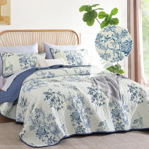 Miniatura 2 de WONGS BEDDING Juego de edredón floral matrimonial, juego de colcha con patrón botánico azul para mujeres, adolescentes y niñas, juego de ropa