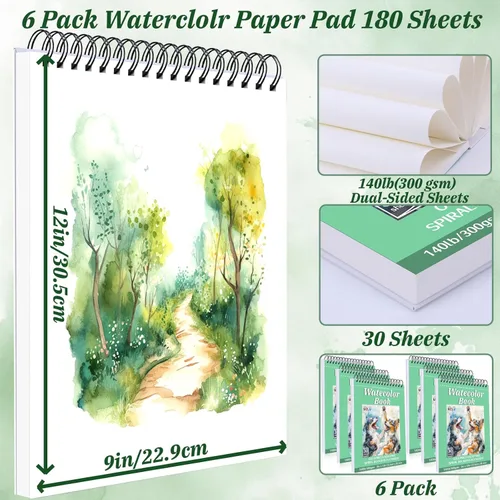 Miniatura 2 de Paquete de 6 blocs de papel de acuarela, papel de acuarela de 9 x 12 pulgadas, 140 libras/300 gsm, prensa en frío, sin ácidos, 180 hojas de papel
