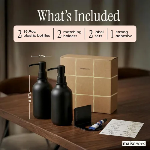 Miniatura 2 de MaisoNovo Dispensador de champú y acondicionador, dispensador de jabón de ducha montado en la pared, juego de 3 botellas de plástico ámbar de 16.9