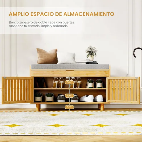 Miniatura 6 de Banco de almacenamiento de zapatos, banco de entrada de bambú con 2 puertas y cojín de asiento acolchado, 35.4" An x 12.6" Pr x 19.7" Al, zapatero