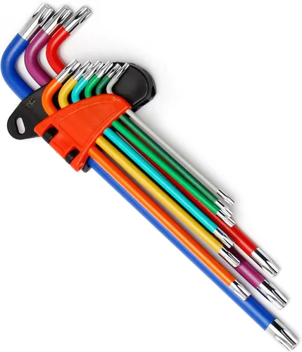 Juego de llaves Torx de 9 piezas, juego de llaves métricas de brazo largo T10-T50, juego de llaves L con código de colores y soporte de