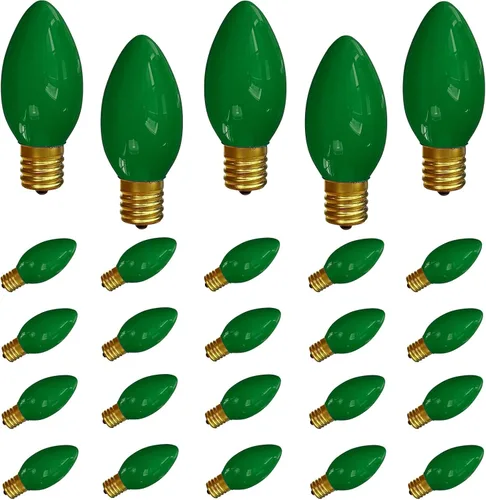 Paquete de 25 bombillas C9 de cerámica verde de repuesto, bombilla de luz vintage incandescente para guirnalda de San Patricio, bombillas de luz