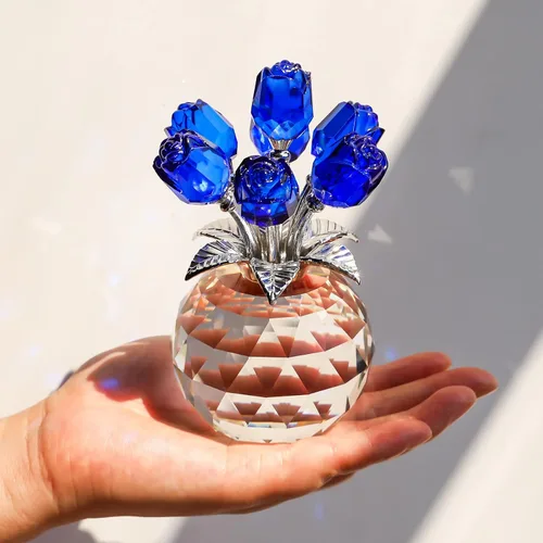 Miniatura 4 de YWHL Figura de flor de rosa azul de cristal con jarrón redondo, regalos de rosas para esposa, novia, regalos románticos para mamá en el día