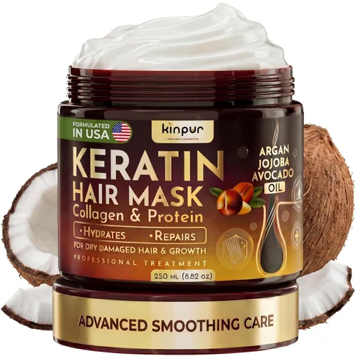 KINPUR ORGANIC COSMETICS Mascarilla capilar de queratina para cabello seco y dañado, tratamiento capilar acondicionador profundo con aceites de
