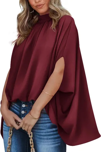 Miniatura 110 de BTFBM Blusas de verano para mujer, cuello alto falso, manga murciélago, holgadas, dobladillo alto y bajo, blusas informales de gran