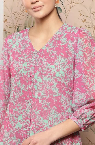 Miniatura 5 de Janasya Vestido occidental de Georgette rosa con estampado floral para mujer india