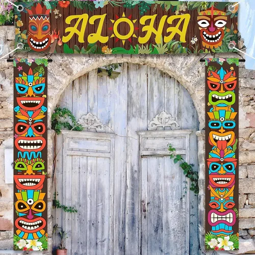 Miniatura 6 de Luau - Cartel para puerta de tótem Tiki, 3 piezas, pancarta de Tiki para porche, cubierta hawaiana para Aloha Hawaii, Moana tropical, cumpleaños