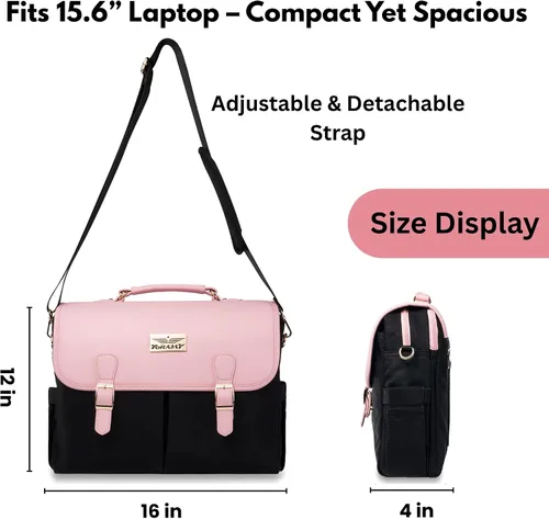 Miniatura 7 de Bolsa de mano para laptop para mujer, bolsa de trabajo de lona de 15.6 pulgadas con 17 bolsillos, color negro y beige, elegante, duradera y ligera