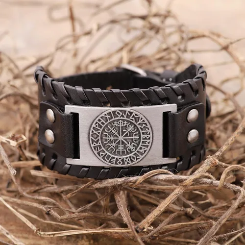 Miniatura 6 de HAQUIL Pulsera vikinga wicca egipcia negra marrón ancha de cuero pulsera antigua medieval joyería regalo para hombres
