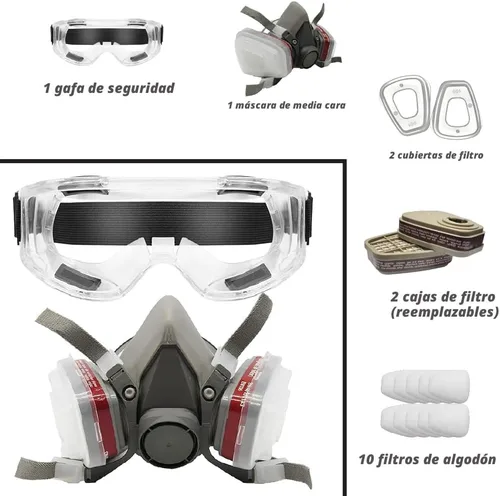 Miniatura 2 de LAUCO Kit de respirador de alta calidad, juego de cubierta reutilizable de media cara con gafas de seguridad para gas, pintura, pulido a máquina