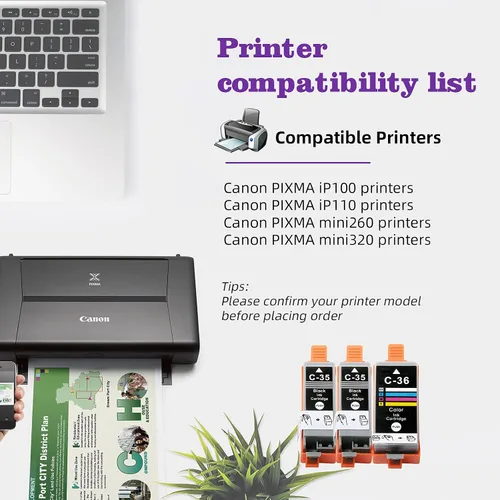 Miniatura 2 de Repuesto para Canon PGI-35 Twin Black & CLI-36 Tinta de color para Canon Pixma iP100, iP110, TR150, mini260, mini320, tinta de 3