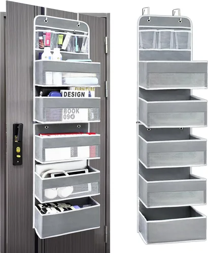 Miniatura 14 de Organizador sobre la puerta con 4 bolsillos laterales de malla, capacidad de peso de 44 libras para colgar detrás de la puerta, almacenamiento Gris