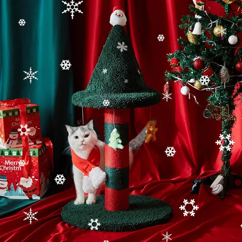 Miniatura 2 de Poste rascador para gatos con 4 juguetes de peluche colgantes, alternativa al árbol de Navidad, dale a tu gato un juguete y rascador en uno con este