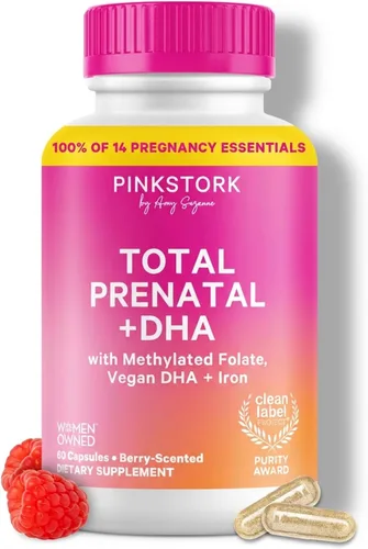 Pink Stork Vitaminas Prenatales Totales con DHA, Folato, Hierro, Colina y Vitamina B12 - Prenatales para Mujeres para Apoyar el Desarrollo Fetal,