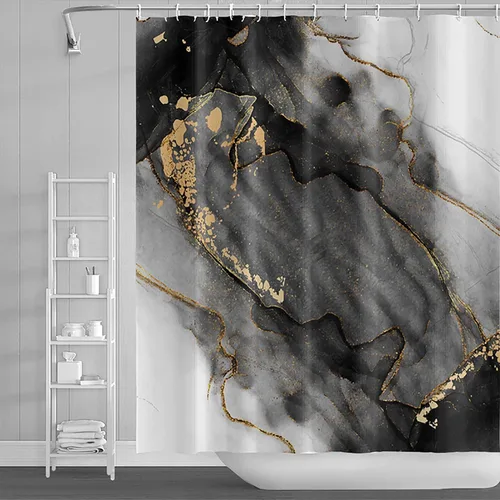 Miniatura 10 de Cortina de ducha de mármol blanco y negro de 36 x 72 pulgadas, tinta de pintura abstracta, textura de arte líquido, líneas agrietadas doradas