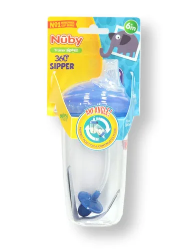 Nuby Tritan - Vaso de entrenamiento antiderrames de 10 onzas con boquilla de silicona, popote con peso 360 y cubierta higiénica, color azul