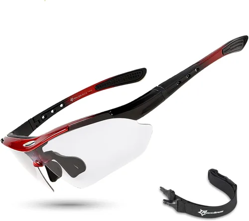 ROCKBROS Photochromic Sports Sunglasses Mens Pickleball Glasses Cycling Glasses MTB Sunglasses, with Removable Elasctic Band Rojo