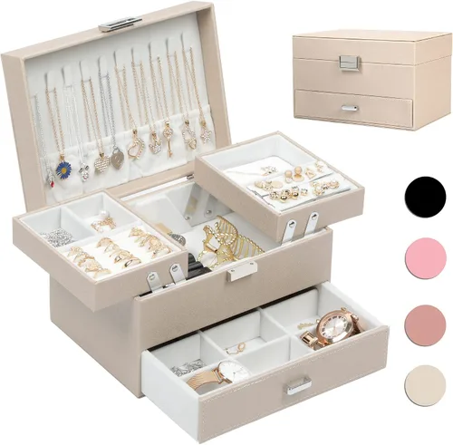 Dajasan Joyero organizador, cajas de joyería para mujeres y niñas, caja de regalo de joyería de 3 capas para Navidad, día de San Valentín,