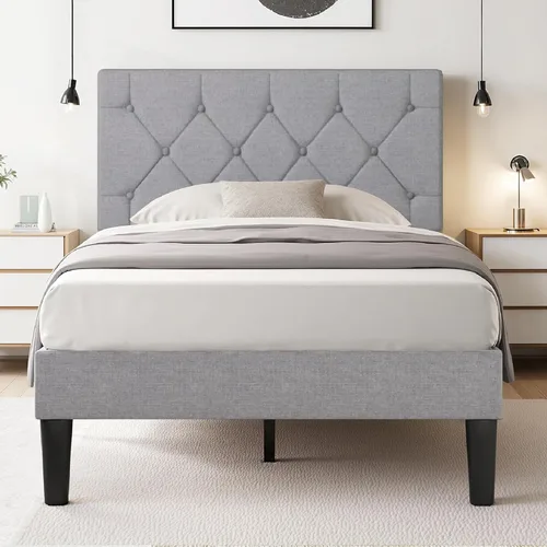 VECELO Base de cama individual con cabecera capitoné con botones, plataforma tapizada con soporte de listones de madera, no necesita somier, color