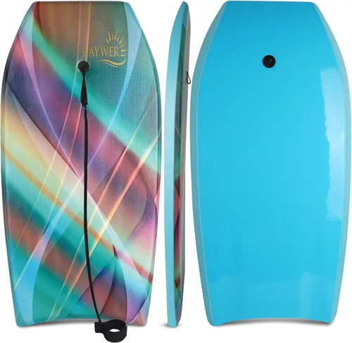 Miniatura 10 de Tabla de Bodyboard ligera con núcleo EPS, base lisa de HDPE, amarradera y muñequera ajustable, excelente para surfear para niños y adultos Rosado