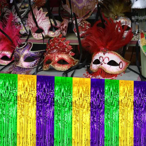 Miniatura 5 de LabZhang Paquete de 2 faldas de mesa con flecos metálicos de Mardi Gras de 29.5 x 72 pulgadas, faldas de mesa de fiesta de Mardi Gras, decoración