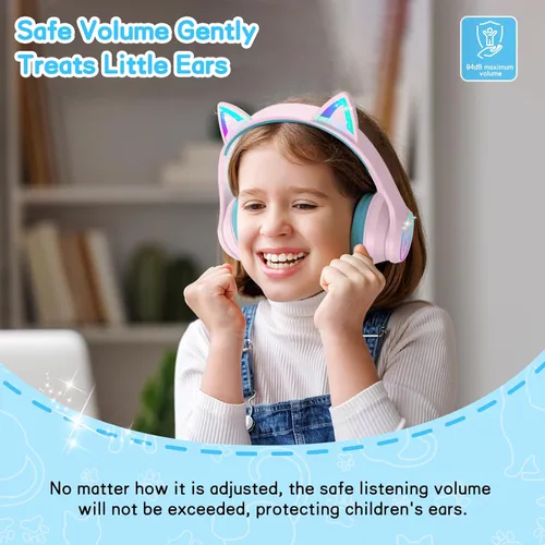 Miniatura 3 de LOBKIN Auriculares Bluetooth para Niños, Auriculares Inalámbricos Sobre la Oreja para Niños con Micrófono, 50H de Reproducción, Luces LED Coloridas