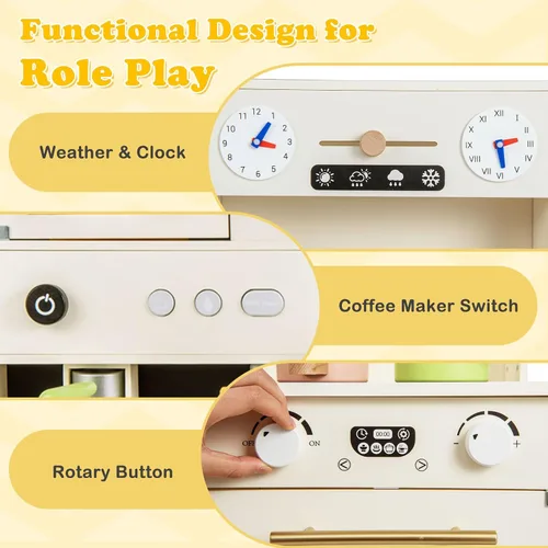 Miniatura 4 de INFANS Juego de Cocina para Niños, Set de Cocina de Juguete con Máquina de Café, Estufa, Fregadero Extraíble, Microondas, Gabinete