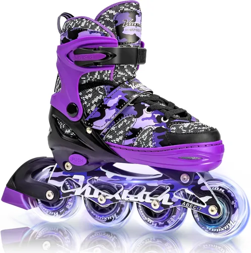 Kuxuan Patines en línea ajustables para niños con ruedas iluminadas, divertidos patines iluminadores para niños, niñas y jóvenes Púrpura