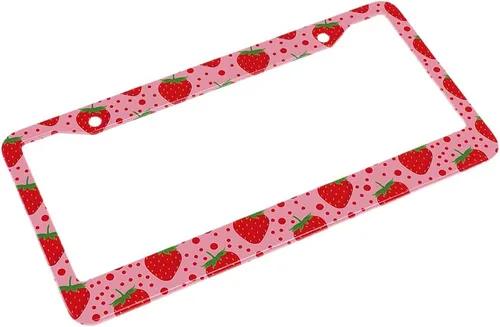 Miniatura 4 de Lindo patrón de fresa fruta rosa soporte para placa de matrícula lunares marco rojo placa accesorios de coche 2 agujeros novedad auto etiqueta