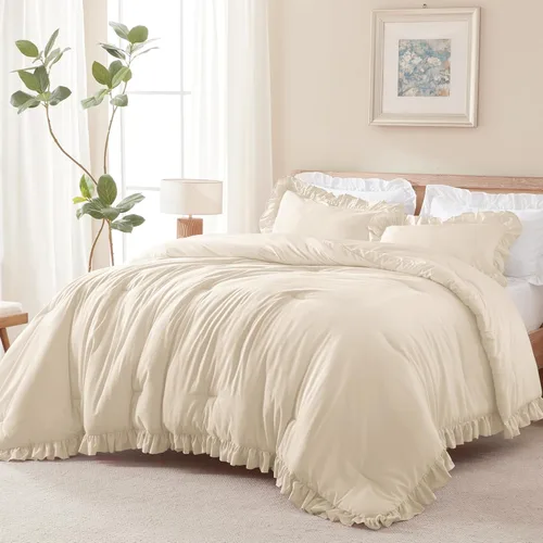 Miniatura 3 de Andency Juego de edredón beige tamaño King, 3 piezas estilo farmhouse shabby chic con volantes, ligero esponjoso suave de microfibra para todas