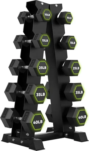 Miniatura 20 de HANDBODE Rubber Coated Hex Dumbbell Set with A-Frame Rack, 100 lb - 550 lb Multiple Options Weight, Hexagon Non-Rolling Shape, Ergonomic Knurled