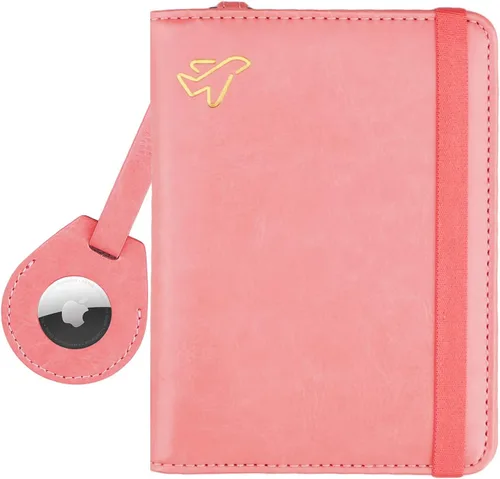 WALNEW Soporte para pasaporte AirTag, de piel sintética, con bloqueo RFID, funda para pasaporte, artículos esenciales de viaje para mujeres y