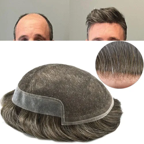 Miniatura 184 de Sistema de repuesto de cabello humano europeo con encaje frontal suizo para hombre, tupé para hombre, pieza de cabello, nudo blanqueado, línea #17