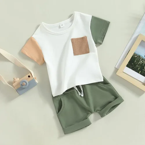 Miniatura 8 de Ynibbim Conjunto de 2 piezas de ropa de verano para niños pequeños con estampado de letras y pantalones cortos elásticos