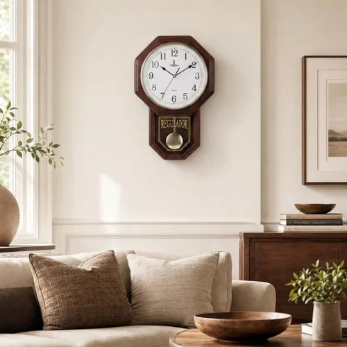 Miniatura 9 de Reloj de Pared con Péndulo - Reloj Regulador de Madera Real - Diseño de Escuela - Silencioso, Sin Campanadas, de Madera y Operado