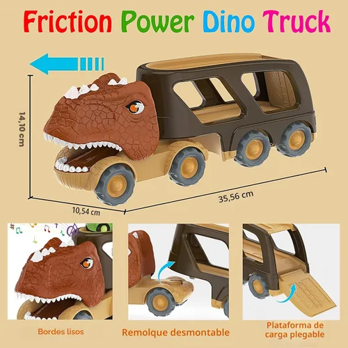 Miniatura 4 de Veslier Juego de camiones de dinosaurios para niños de 2, 3, 4, 5 años, camión transportador de fricción con 4 paquetes de pequeños coches