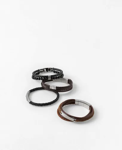 Miniatura 5 de Fossil Pulsera de cuentas de acero inoxidable y cuero genuino para hombre