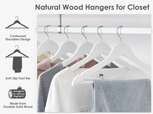 Miniatura 5 de StorageWorks Perchas de madera blanca, paquete de 20 perchas de madera resistentes para armario, perchas para abrigos, trajes de dama de honor