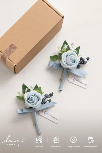 Miniatura 5 de Ling's moment Boutonniere para hombres, 2 piezas de novios, padrinos de boda, flores artificiales para bodas, bailes, regreso a casa, etc. Azul Azul