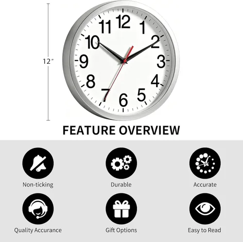 Miniatura 3 de Rohioue Reloj de pared de 12 pulgadas, moderno, funciona con batería, silencioso, sin tictac, analógico, decorativo para dormitorio, cocina, baño