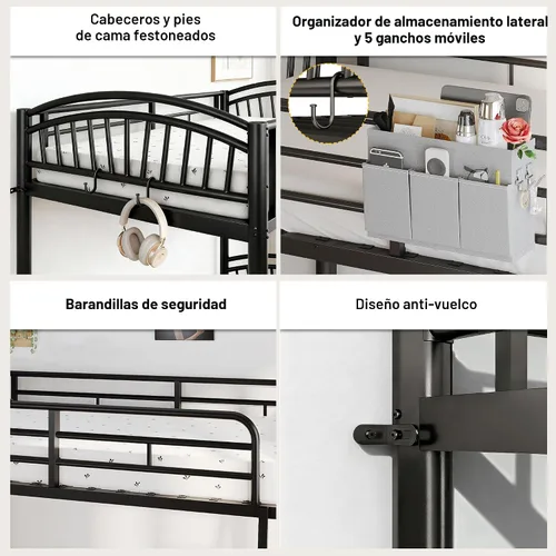 Miniatura 5 de Decofy Litera de metal individual sobre individual, literas industriales resistentes para adultos y adolescentes con mesita de noche, escalera