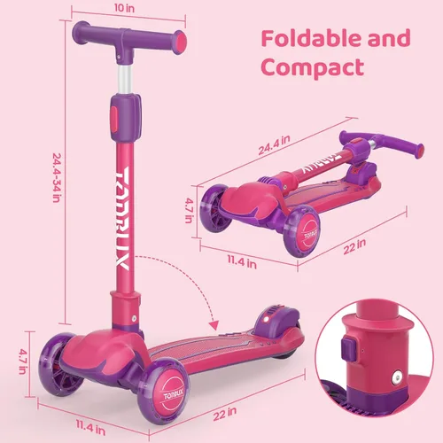 Miniatura 7 de TONBUX - Patinete para niños, patinete de 3 ruedas con luces LED para niños de 3 a 12 años, patinetes plegables con altura ajustable - Patinete