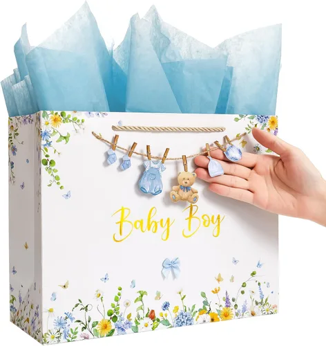 Crisky Bolsa de regalo grande de 13" para niño con papel de seda, tarjeta de regalo y lazo para decoración de baby shower y cumpleaños de niño