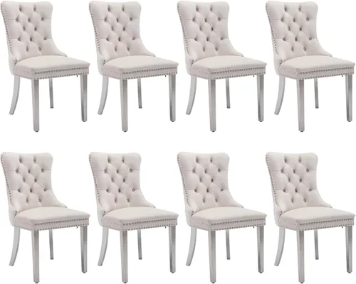 Miniatura 23 de SoarFlash Juego de 2 sillas de comedor de tela de lino, sillas de comedor tapizadas con ribete de cabeza de clavo y patas de madera de color claro