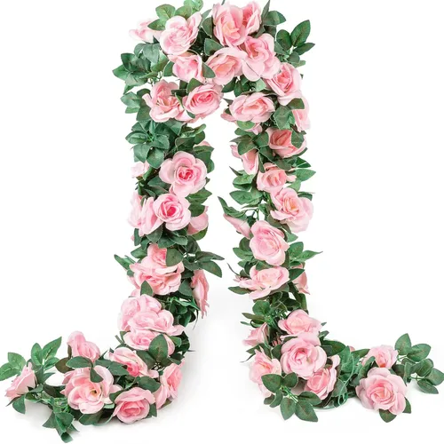Miniatura 7 de Paquete de 2 guirnaldas de rosas artificiales de 16 pies – Rosa roja falsa de seda para arco de boda, decoración de pared del hogar, día de San Rojo