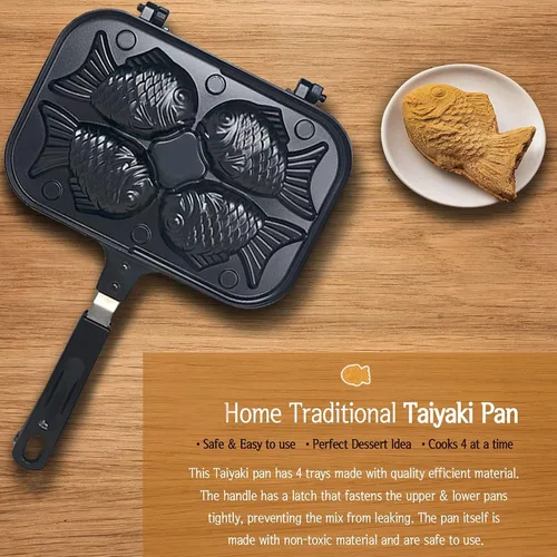 Miniatura 2 de Taiyaki - Máquina para hacer gofres con forma de pescado antiadherente para hornear doble con mango antiquemaduras, máquina japonesa de fabricación