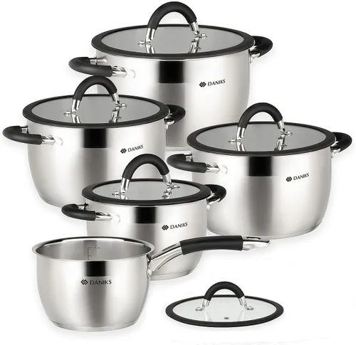 Daniks Orlando - Juego de utensilios de cocina de acero inoxidable de 10 piezas con tapas de vidrio, incluye cacerola, bases de tres capas para