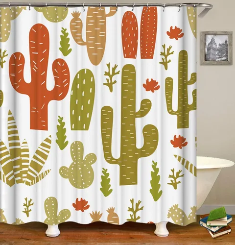 Juego de cortinas de ducha modernas con diseño de cactus de dibujos animados frescos para baño, tela lavable a máquina, decoración de impresión