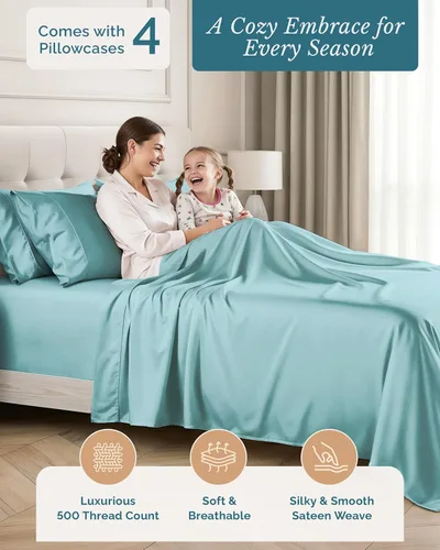 Miniatura 2 de Casa Platino Sábanas tamaño King de 500 hilos, satén suave, 100% algodón, sábanas de 6 piezas con sábana encimera, sábana bajera ajustable y fundas